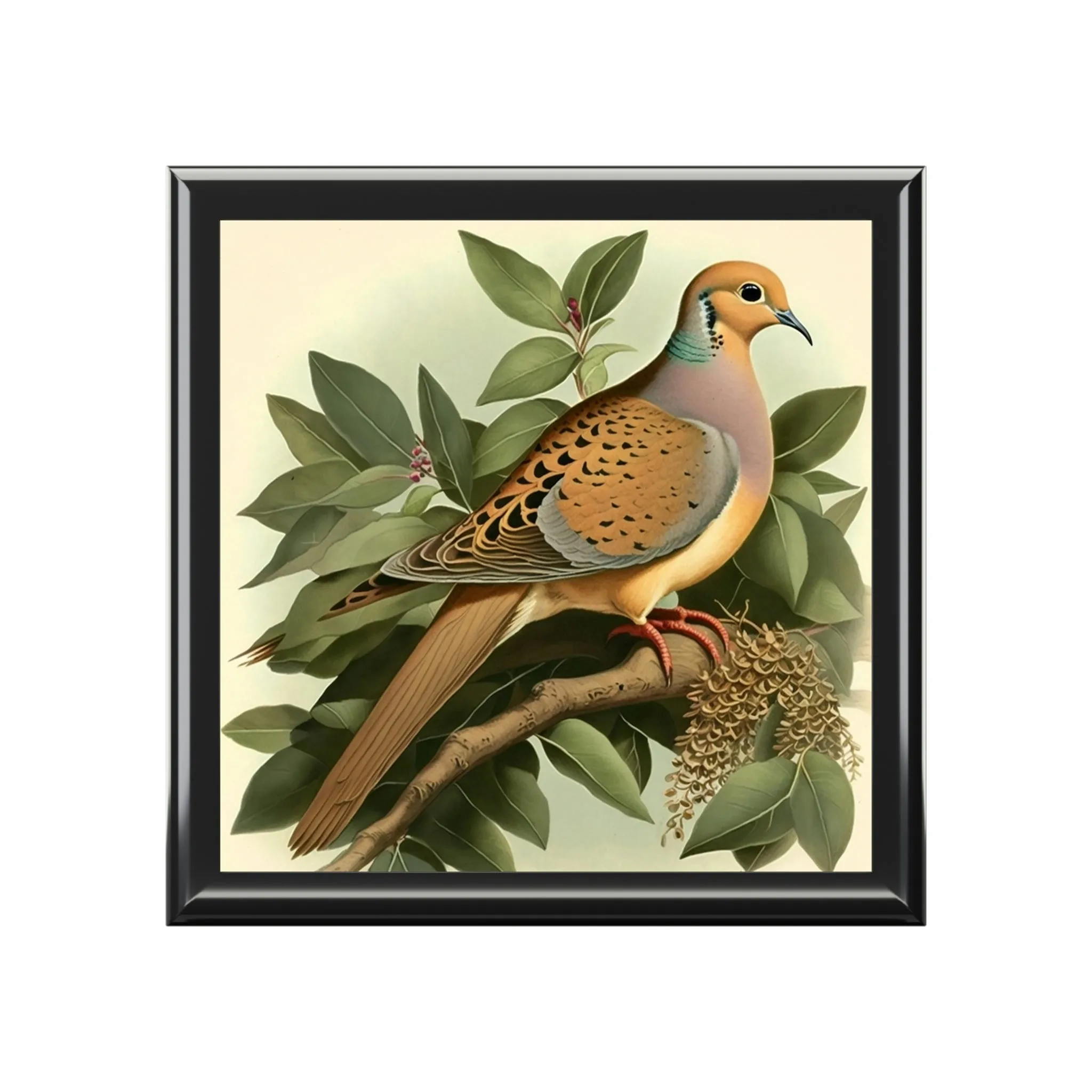 Vintage Dove Wood Keepsake Jewelry Box with Ceramic Tile Cover