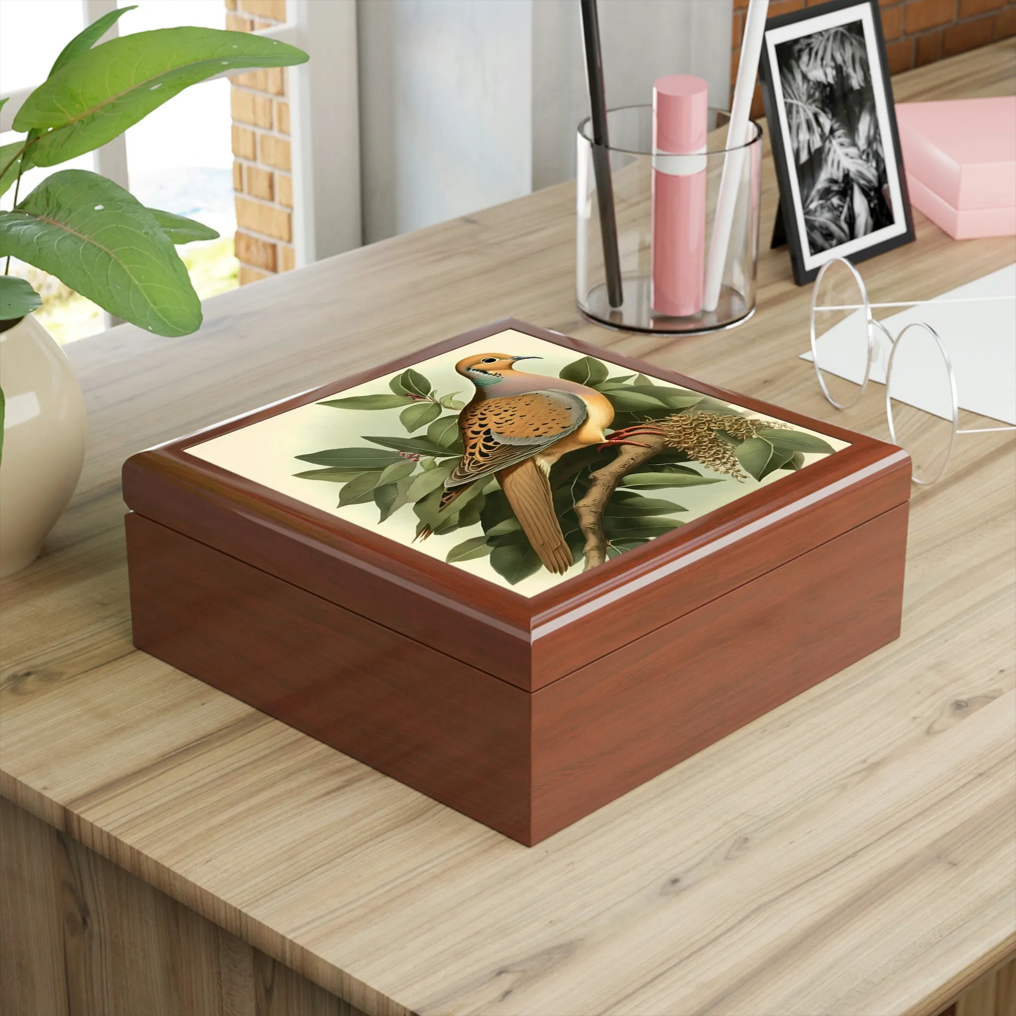 Vintage Dove Wood Keepsake Jewelry Box with Ceramic Tile Cover