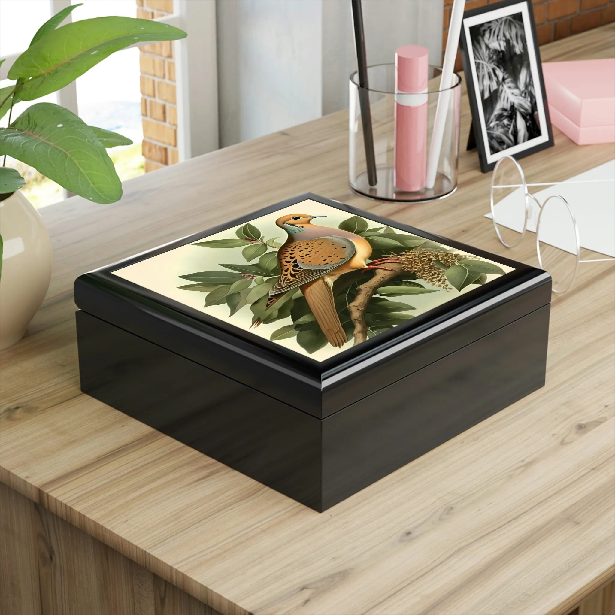 Vintage Dove Wood Keepsake Jewelry Box with Ceramic Tile Cover