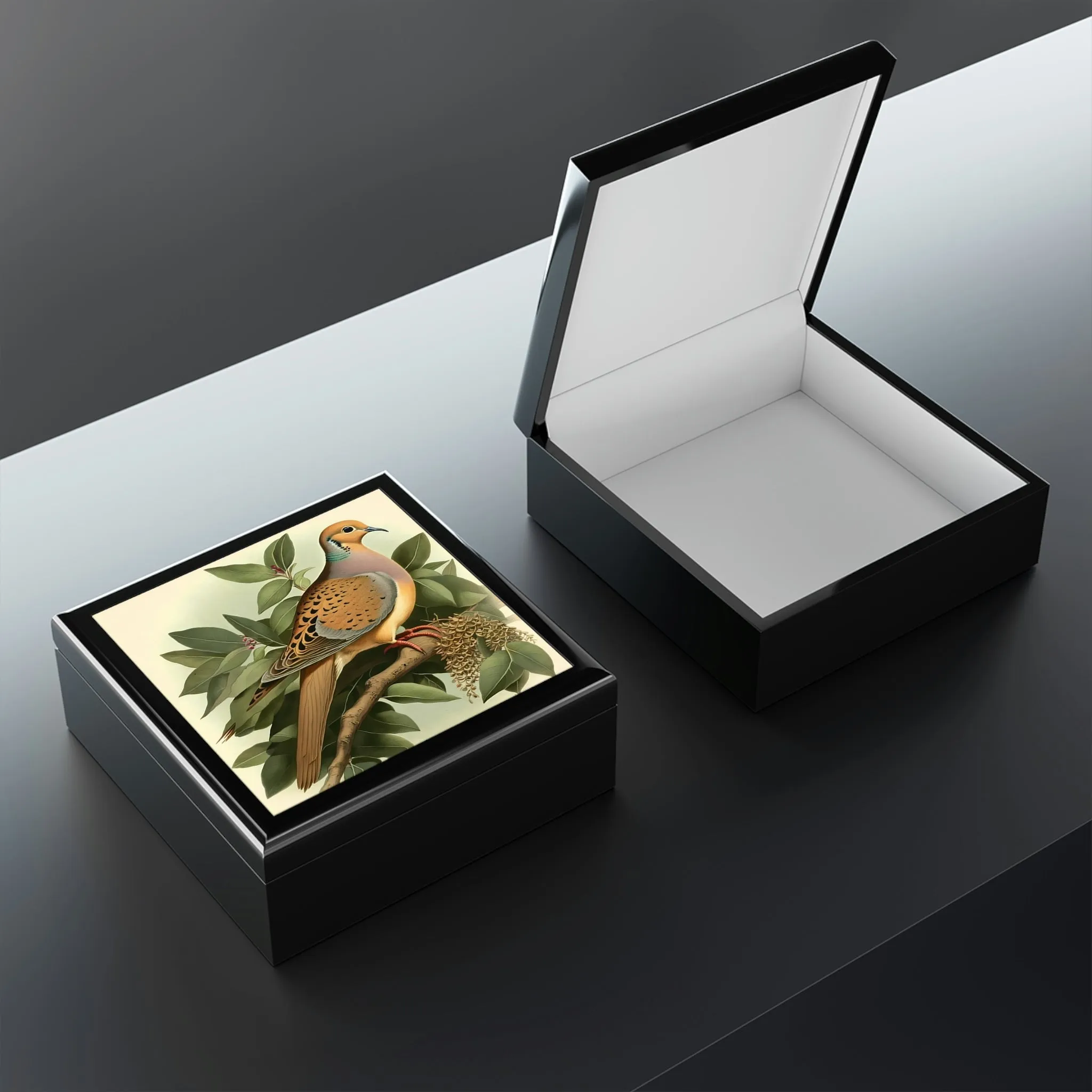 Vintage Dove Wood Keepsake Jewelry Box with Ceramic Tile Cover