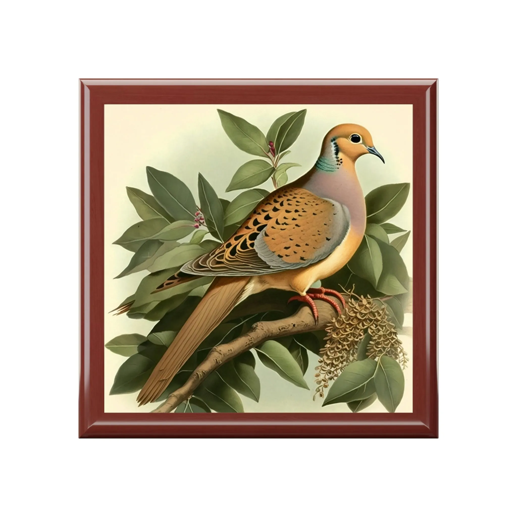 Vintage Dove Wood Keepsake Jewelry Box with Ceramic Tile Cover