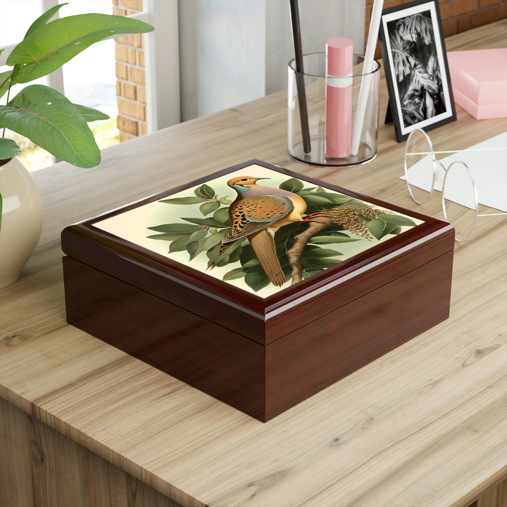 Vintage Dove Wood Keepsake Jewelry Box with Ceramic Tile Cover