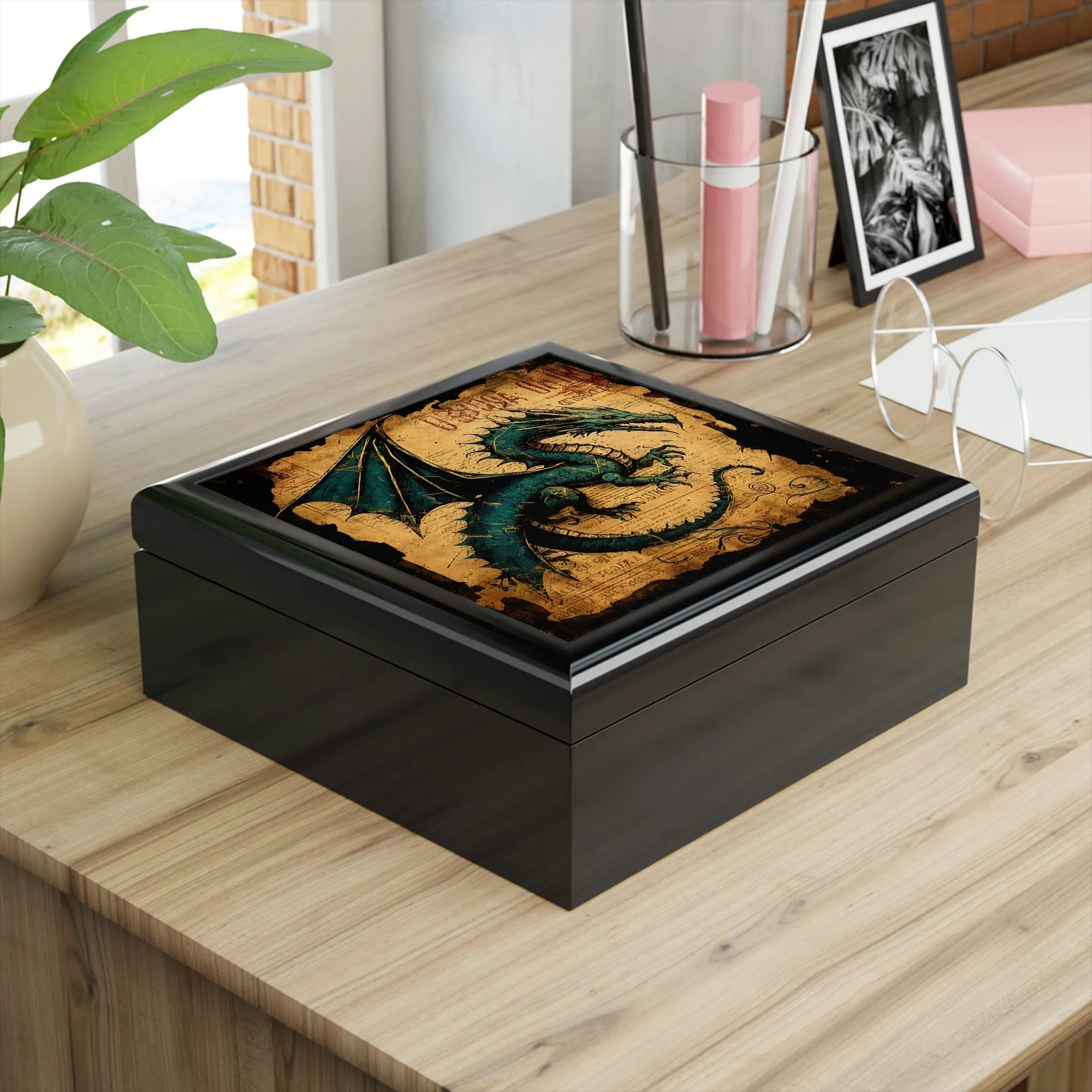 Vintage Dragon Wooden Keepsake Jewelry Box with Ceramic Tile Cover