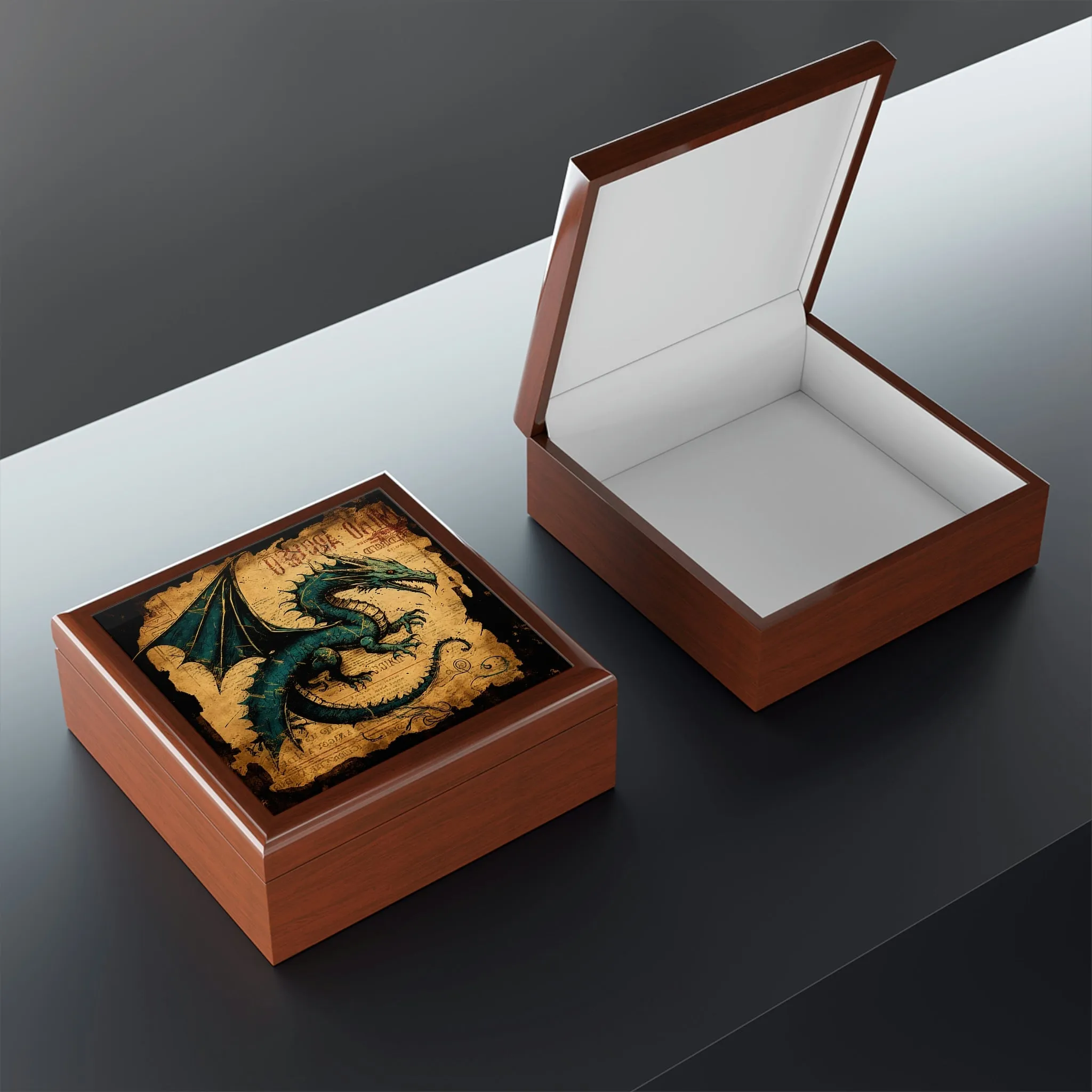 Vintage Dragon Wooden Keepsake Jewelry Box with Ceramic Tile Cover