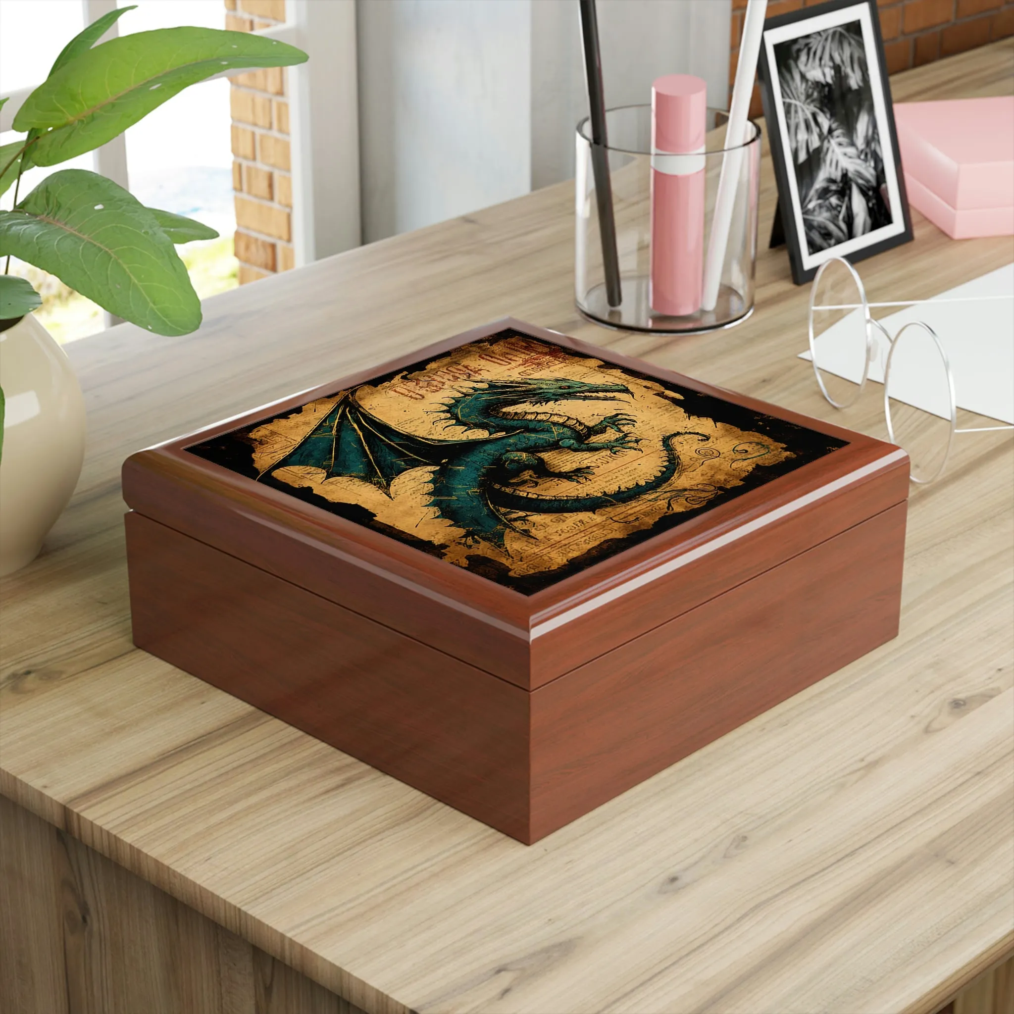 Vintage Dragon Wooden Keepsake Jewelry Box with Ceramic Tile Cover