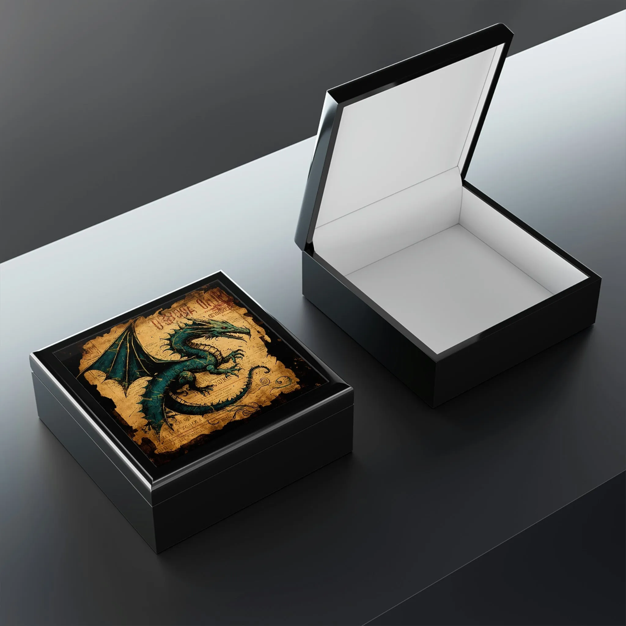 Vintage Dragon Wooden Keepsake Jewelry Box with Ceramic Tile Cover