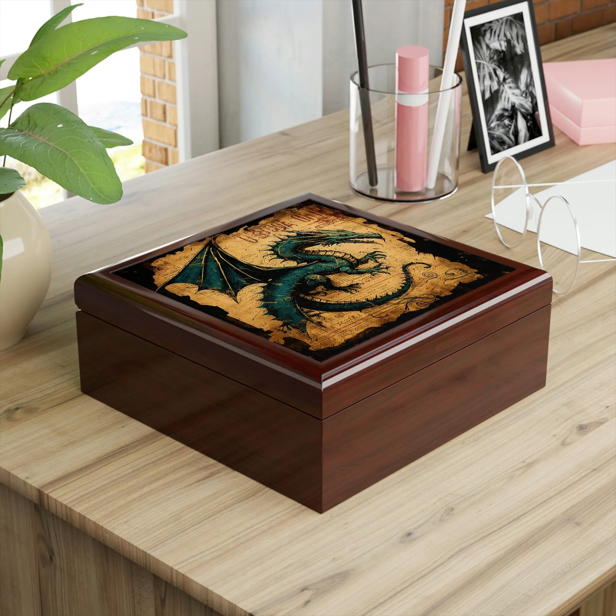 Vintage Dragon Wooden Keepsake Jewelry Box with Ceramic Tile Cover
