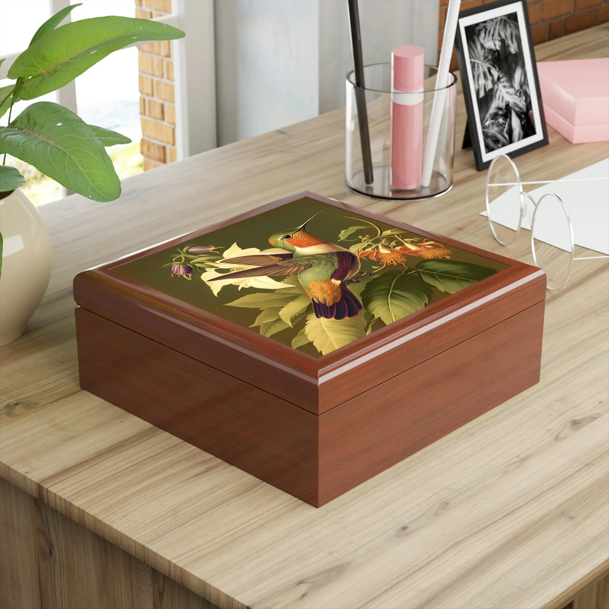 Vintage Hummingbird Wooden Keepsake Jewelry Box