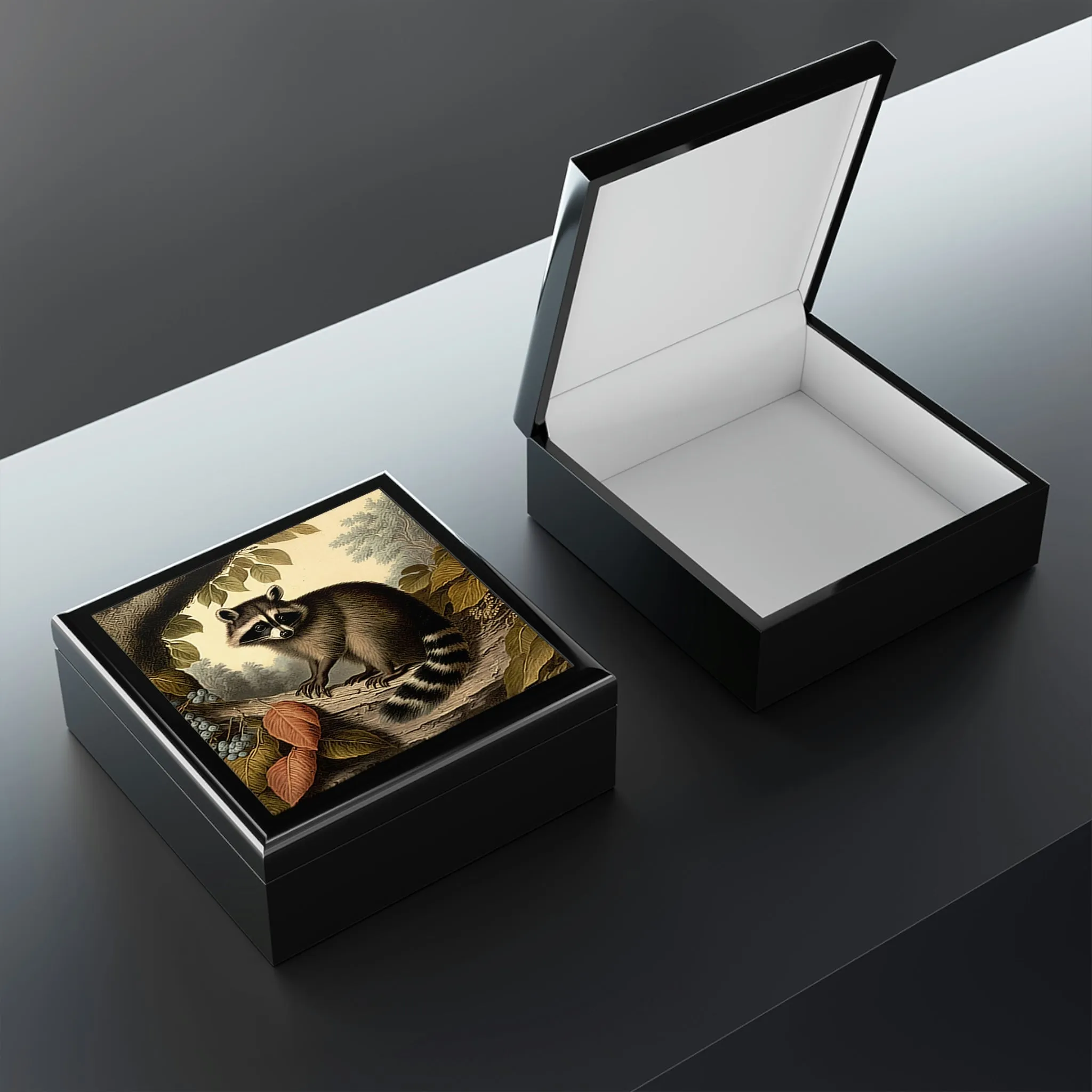 Vintage Raccoon Wooden Keepsake Jewelry Box