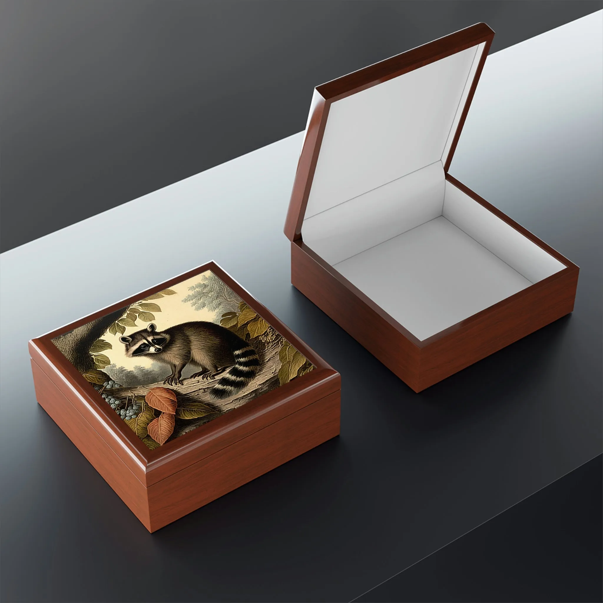 Vintage Raccoon Wooden Keepsake Jewelry Box