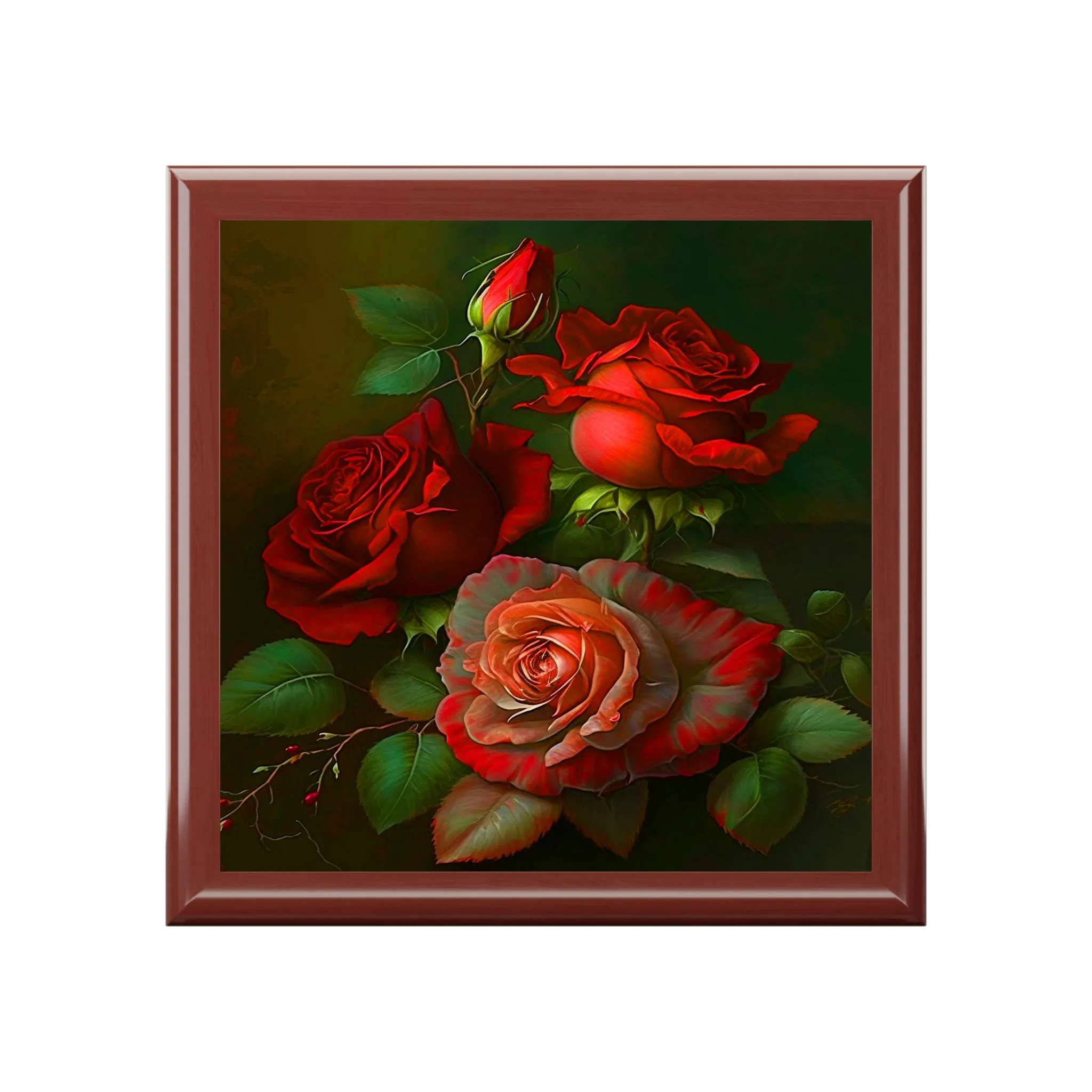 Vintage Roses Wood Keepsake Jewelry Box with Ceramic Tile Cover