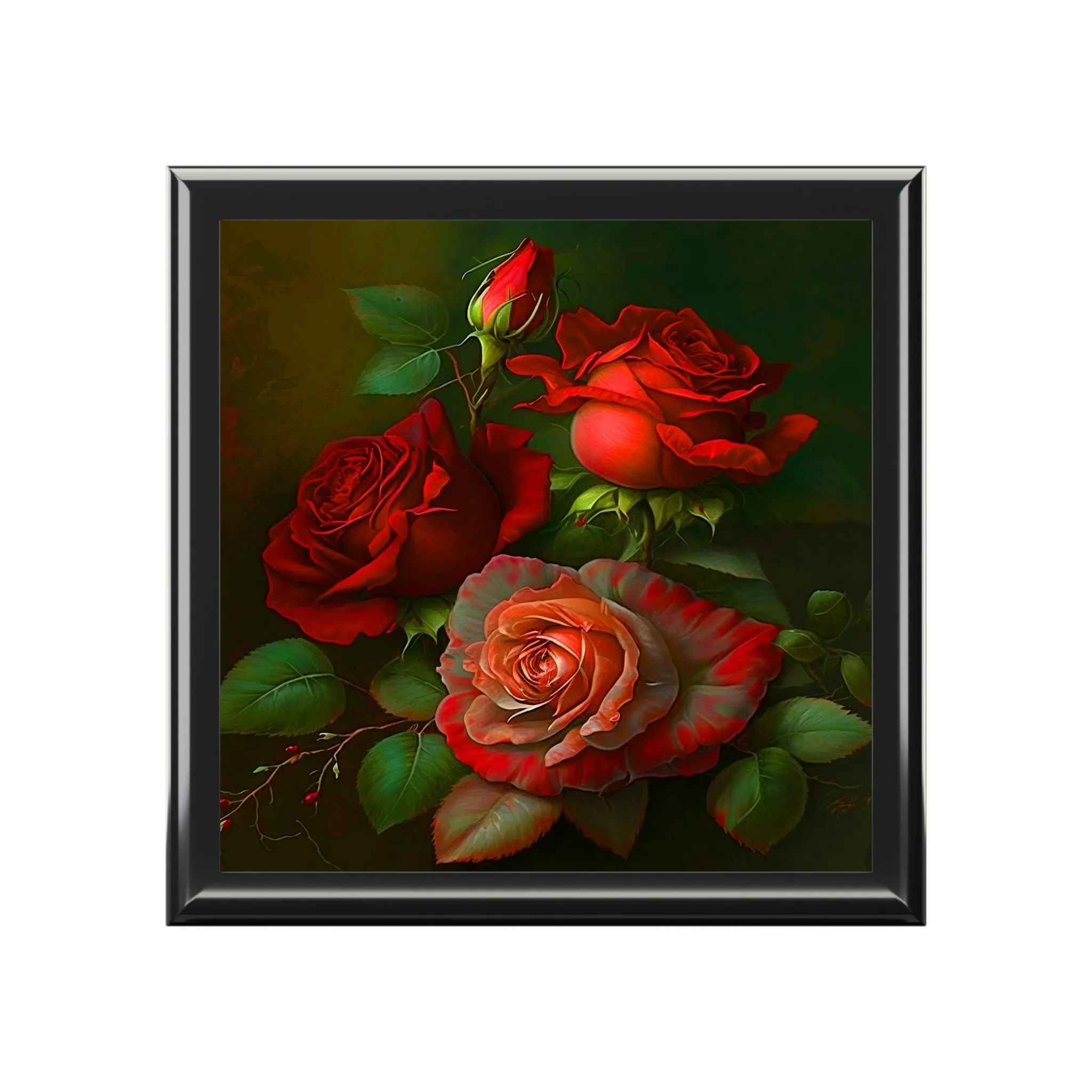 Vintage Roses Wood Keepsake Jewelry Box with Ceramic Tile Cover