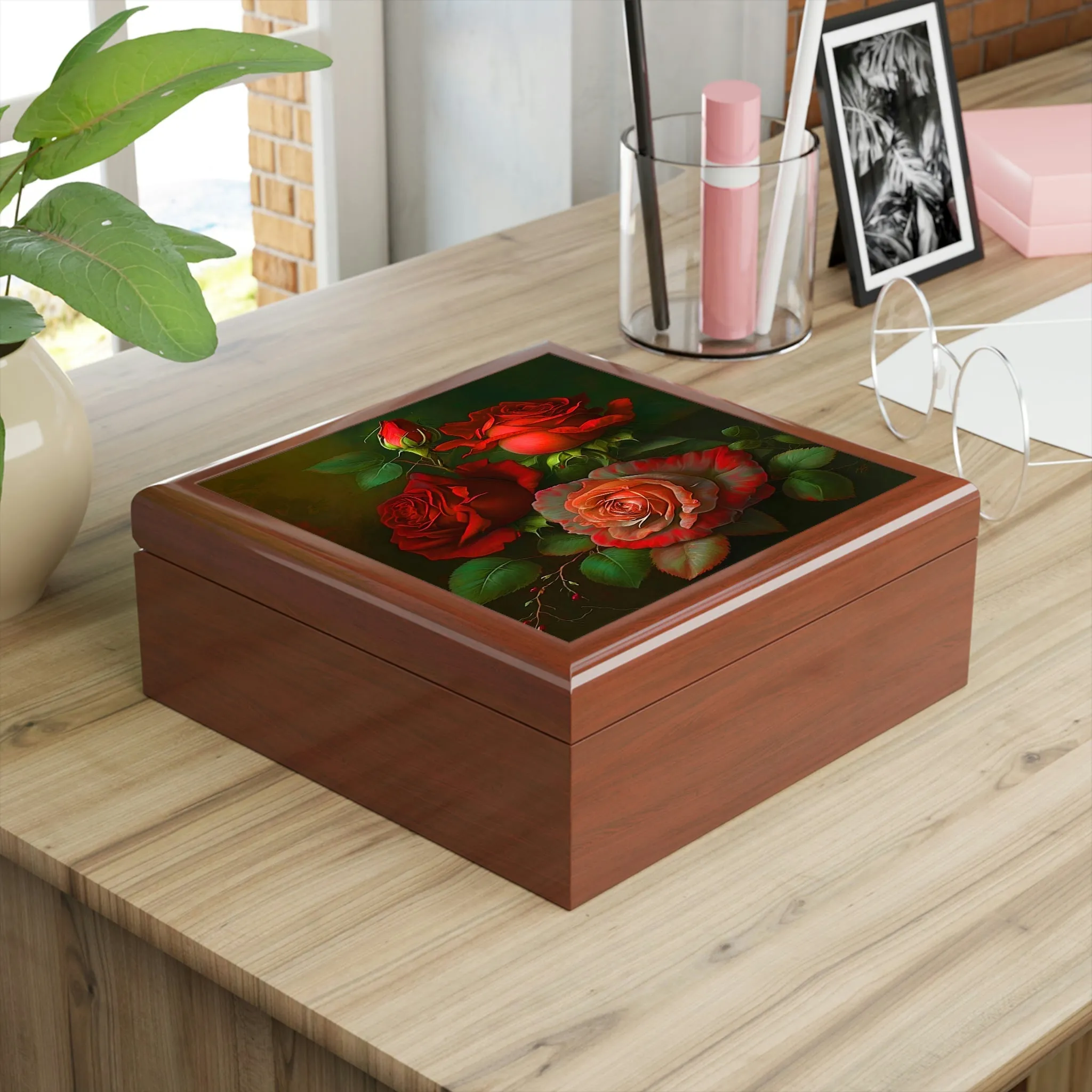 Vintage Roses Wood Keepsake Jewelry Box with Ceramic Tile Cover