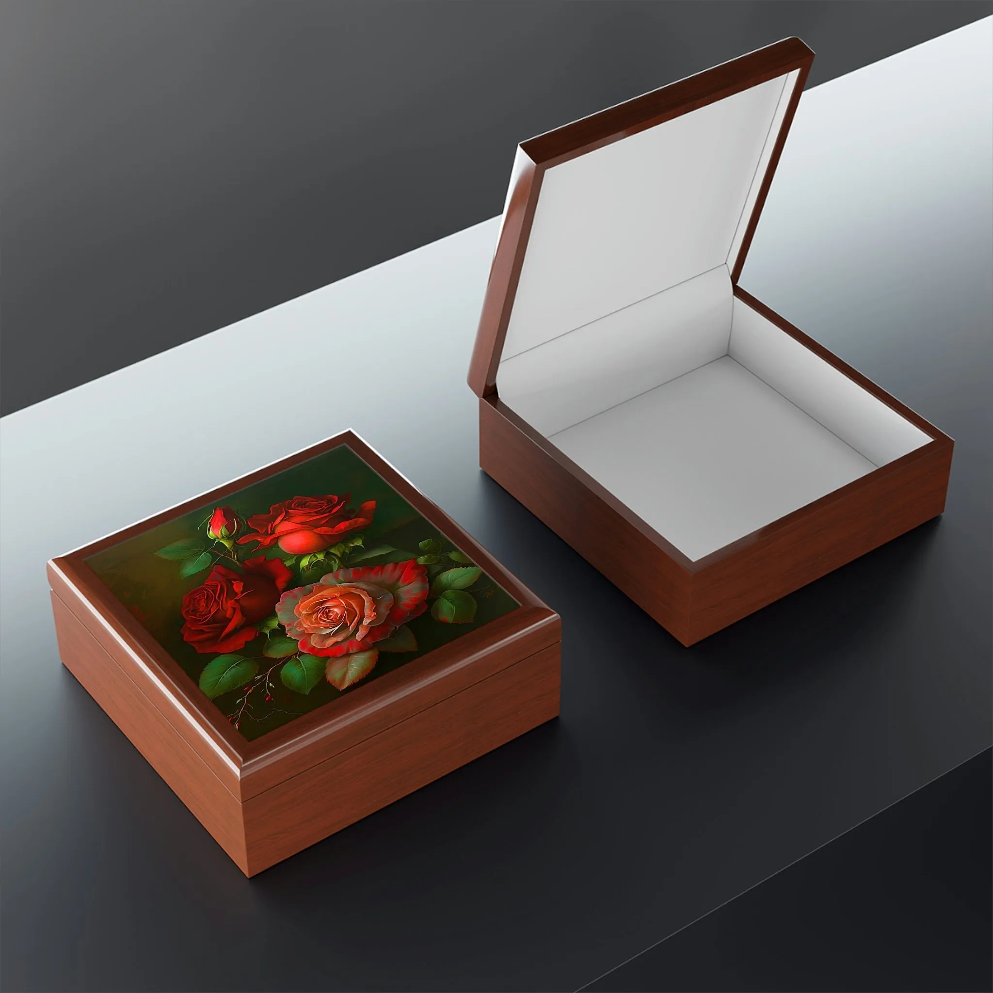 Vintage Roses Wood Keepsake Jewelry Box with Ceramic Tile Cover