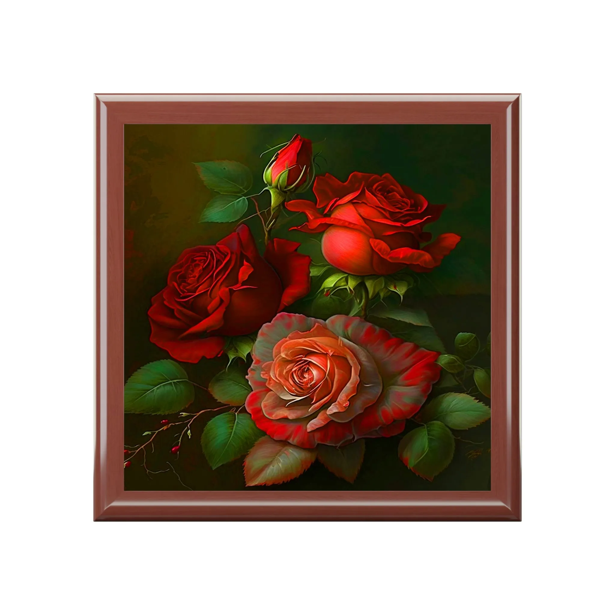Vintage Roses Wood Keepsake Jewelry Box with Ceramic Tile Cover