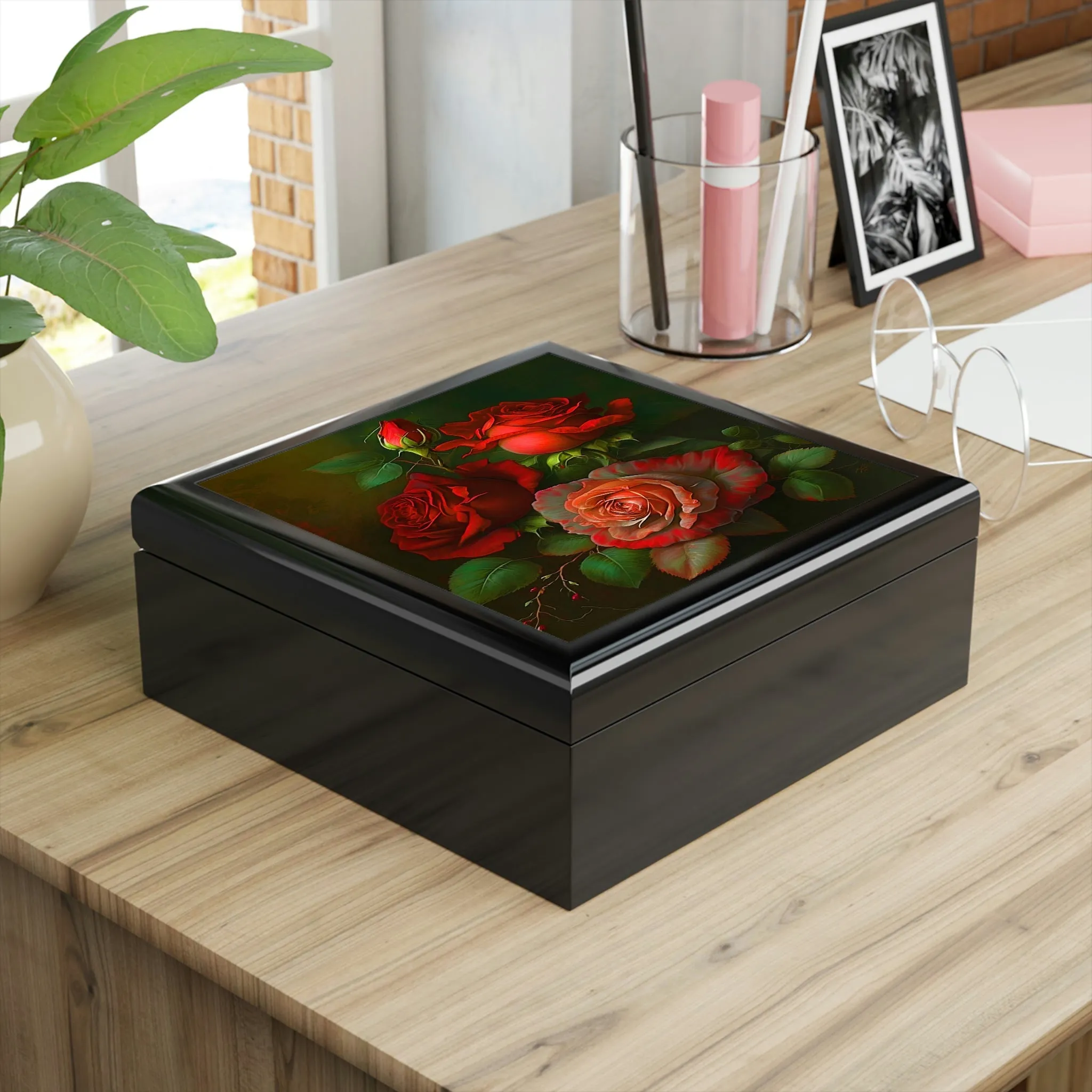 Vintage Roses Wood Keepsake Jewelry Box with Ceramic Tile Cover