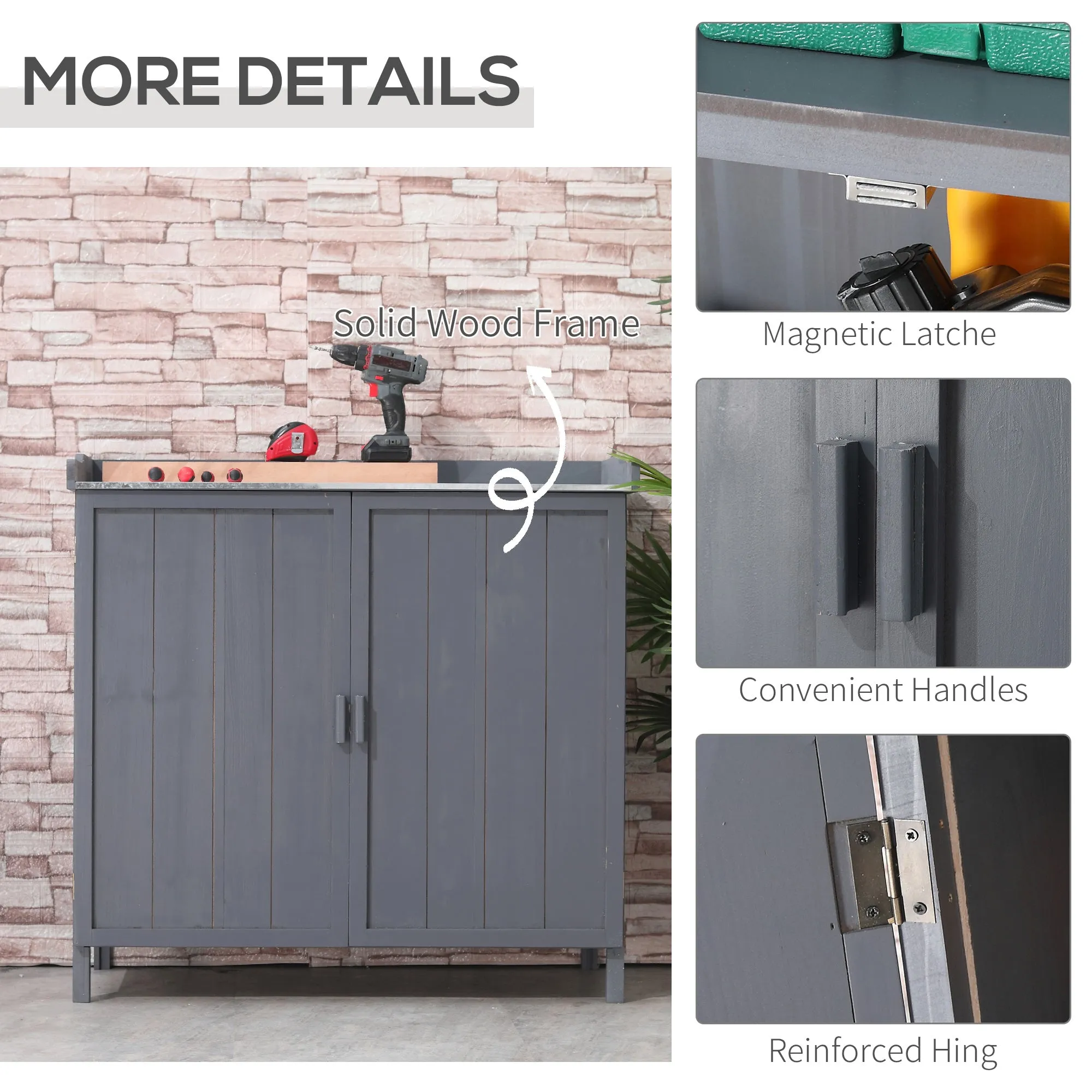 Wooden Garden Storage Shed Tool Cabinet Organiser w/ Potting Bench Table, Two Shelves, 98 x 48 x 95.5 cm, Grey